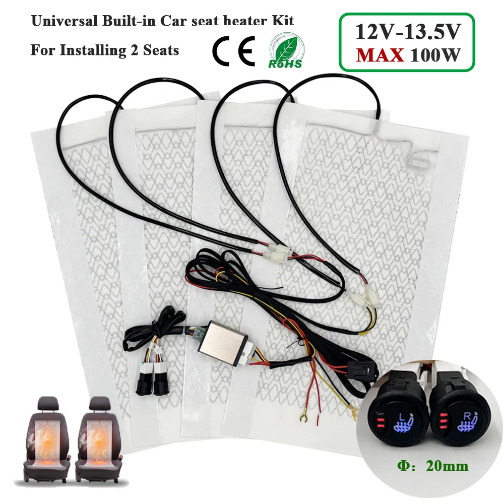 Kit de chauffage de siège de voiture intégré universel Max 100W, adapté aux 2 sièges avec coussinets chauffants en Fiber de carbone 12V, système de commutation de commande à 3 niveaux