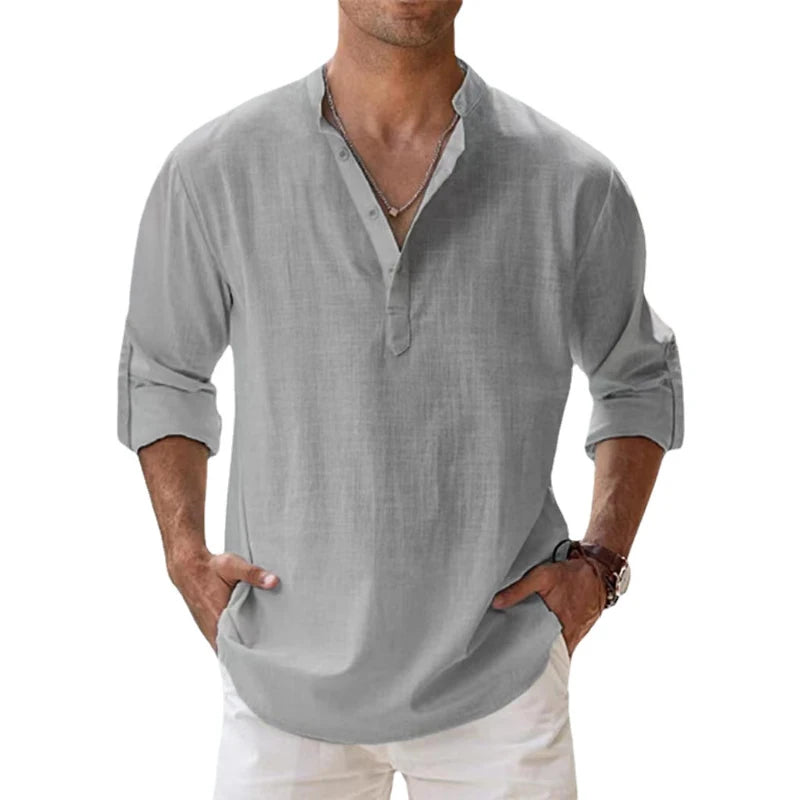 Nouvelles chemises en coton et lin pour hommes chemises décontractées légères à manches longues chemises de plage Henley t-shirts hawaïens pour hommes