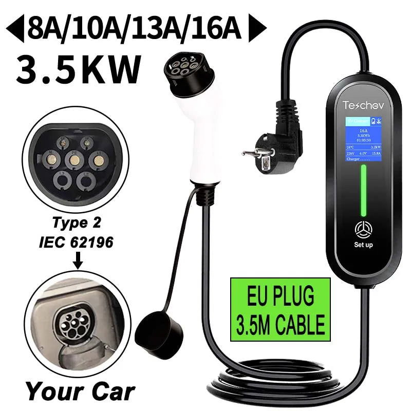 Teschev-Chargeur EV Portable pour Voiture Électrique, Boîtier de Charge EVSE Type 2, Niveau 2, J1772 Vope1, 3,5 KW, 16A