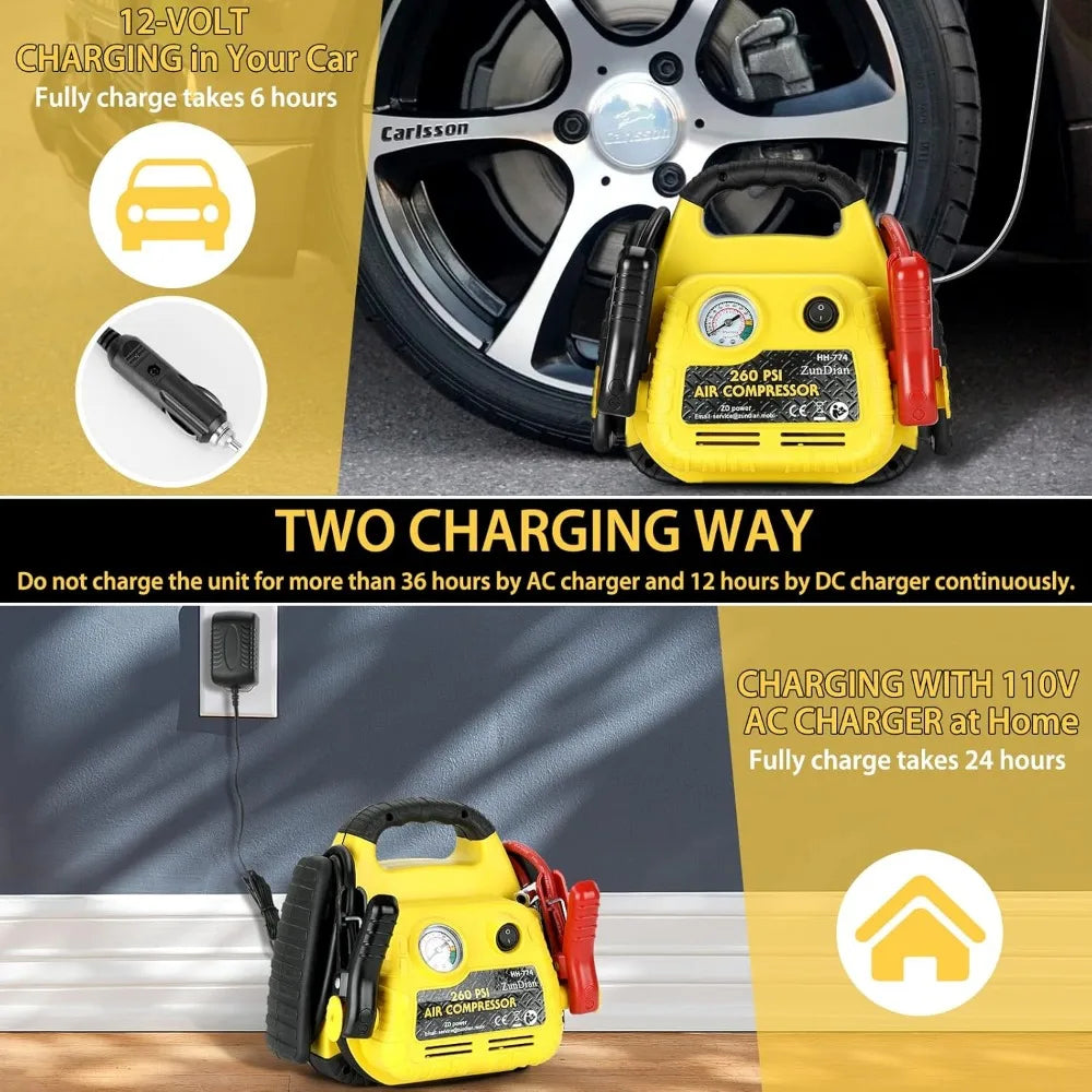 Démarreur de saut avec compresseur d'air 260PSI, démarreur de saut de voiture portable 1000A, pack de surpression de batterie 4 en 1 pour véhicules (gaz/diesel 3L
