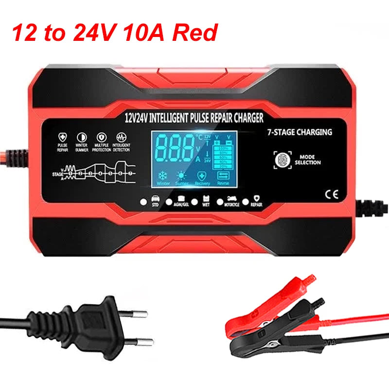 Chargeur de batterie intelligent 12V 24V 12a 10a, Charge rapide pour Batteries de voiture, Charge en 7 étapes, réparation d'impulsions pour GEL AGM humide, plomb acide