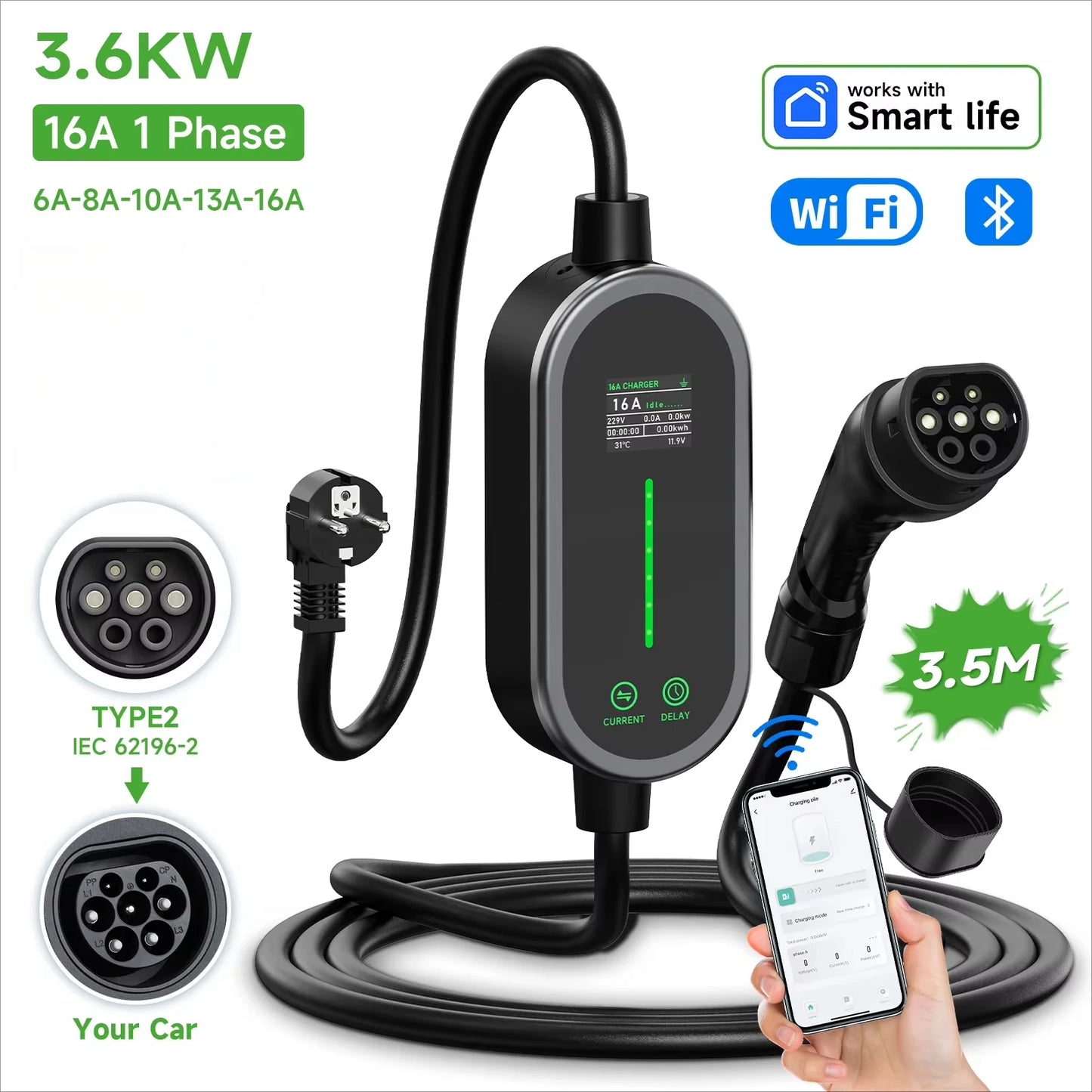 شاحن سيارة كهربائية محمول AFEEV 3.6KW من النوع 2 IEC62196-2/النوع 1/GBT قابل للتعديل 6-16 أمبير، تحكم عبر التطبيق، مقبس أوروبي IP65، شحن سريع آمن