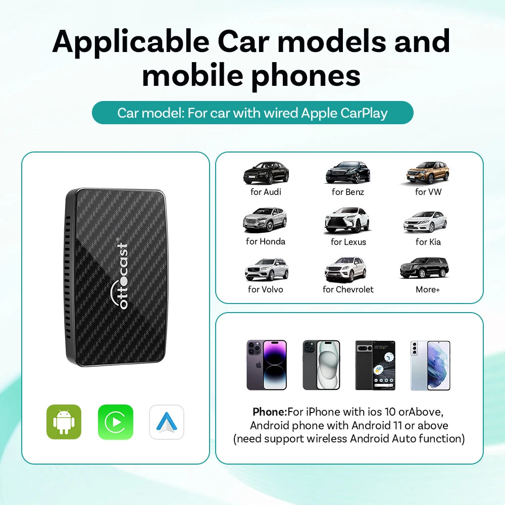 OTTOCAST Play2 vidéo Pro Carplay Ai Box adaptateur automatique Android sans fil intégré Youtube Netflix pour VW Benz Ford 99% de voitures
