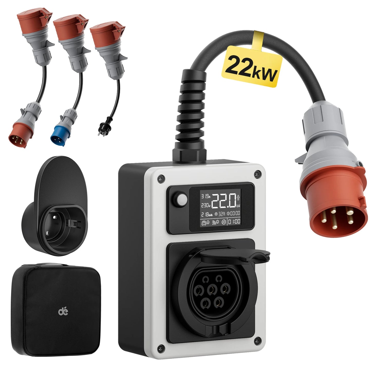 dé 22kW Wallbox mobile pour véhicule électrique, prise rouge CEE vers prise de type 2, station de charge pour véhicule électrique triphasé, 32A