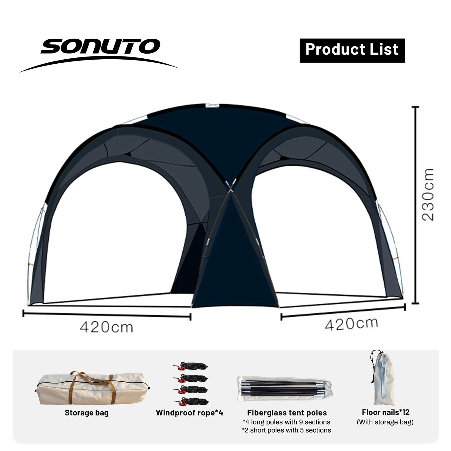 Tente dôme extra large Sonuto, gazebo de camping pop-up avec moustiquaire, protection solaire imperméable, pavillon pour fête en plein air