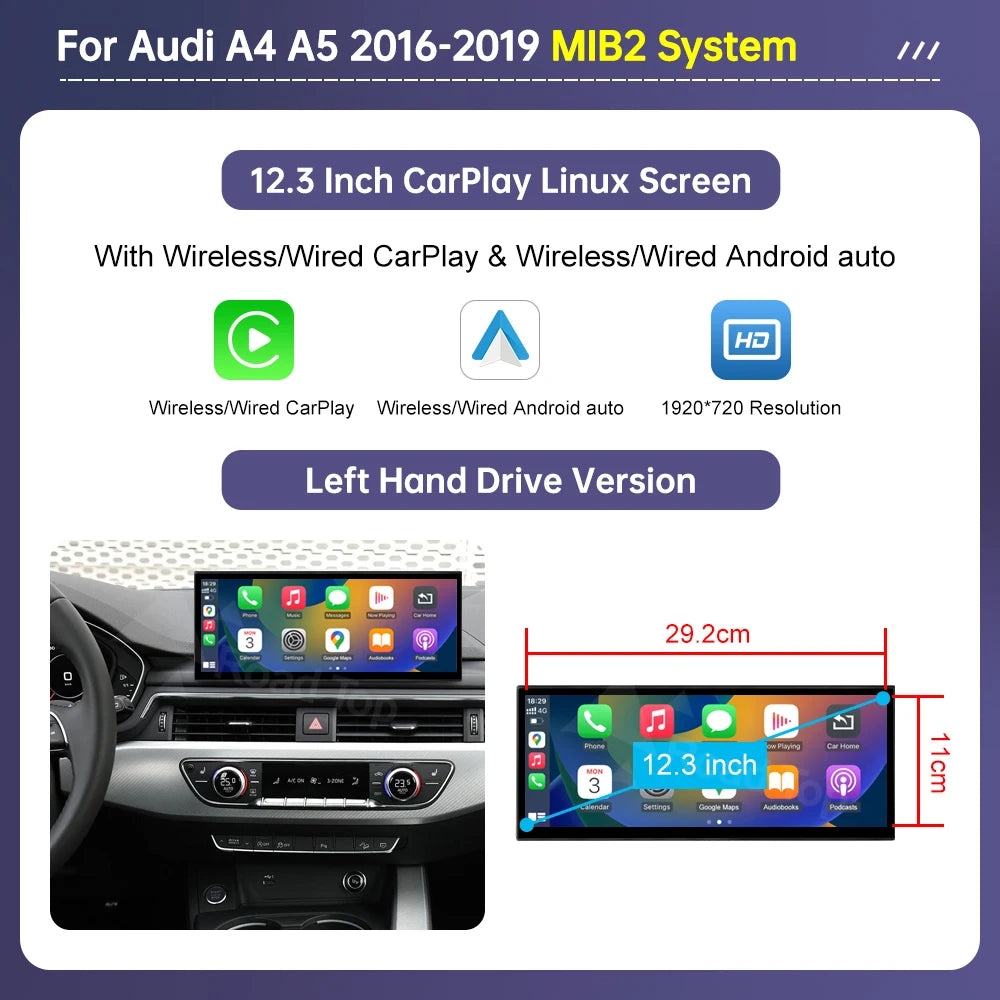 Road Top 12.3'sans fil CarPlay Android Auto écran pour Audi A4 A5 2016-2019 Airplay multimédia autoradio lecteur