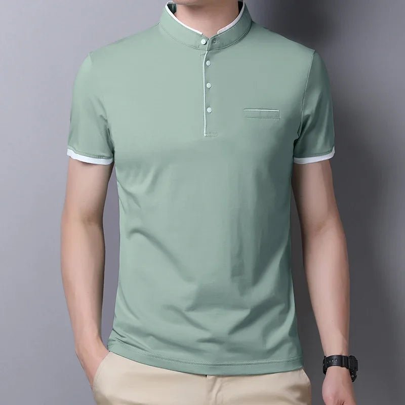 2025 nouveaux hommes décontracté et à la mode couleur unie à manches courtes col montant T-shirt été polyvalent et confortable haut