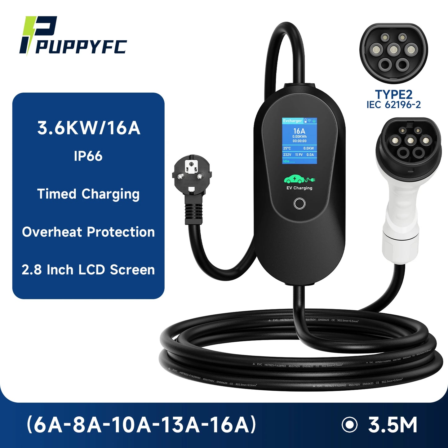 Puppyfc – chargeur EV Portable 3,6 kw, Type2/Type1 SAE J1772 GB/T 16A, boîte murale de charge rapide, câble de 3.5m avec contrôle par application WiFi
