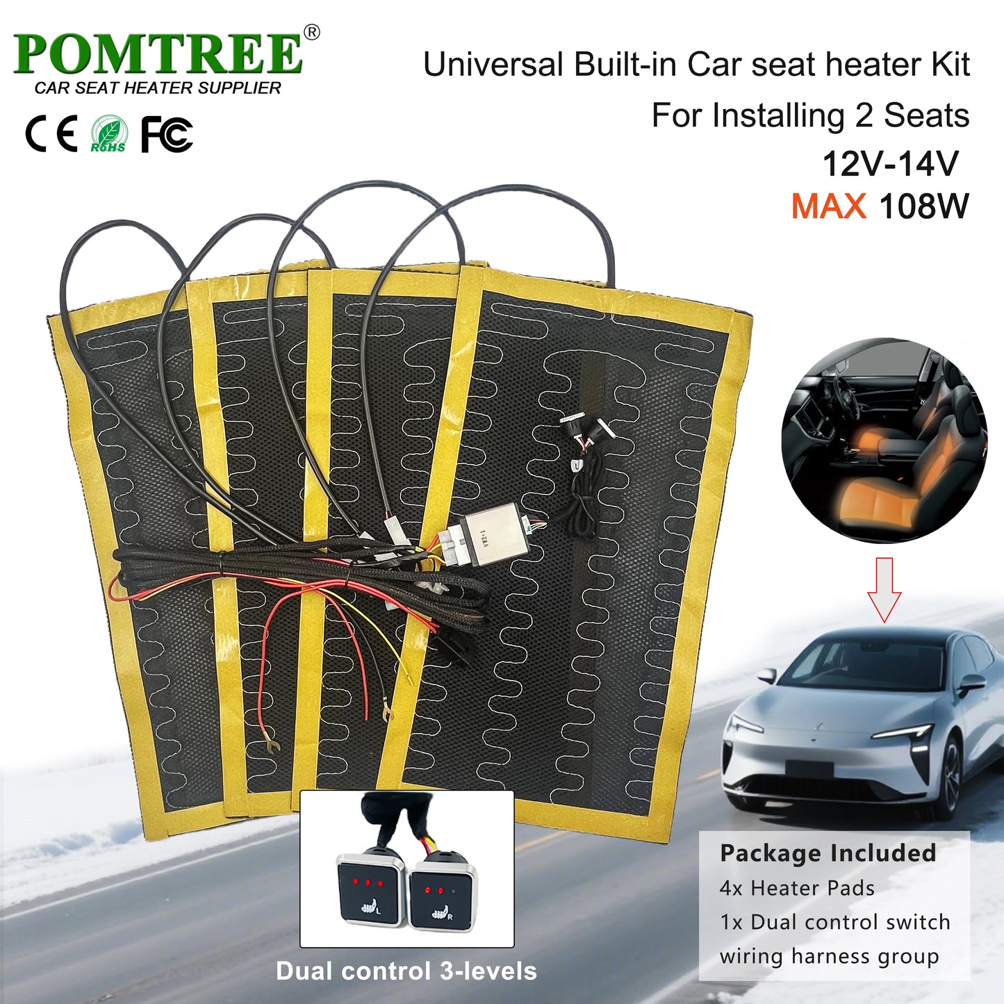 Nouveau Kit de chauffage de siège de voiture intégré adapté aux 1/2 sièges, 12V 2/4 pièces tampons chauffants universels en fil d'alliage 3 niveaux interrupteur chauffant à double commande
