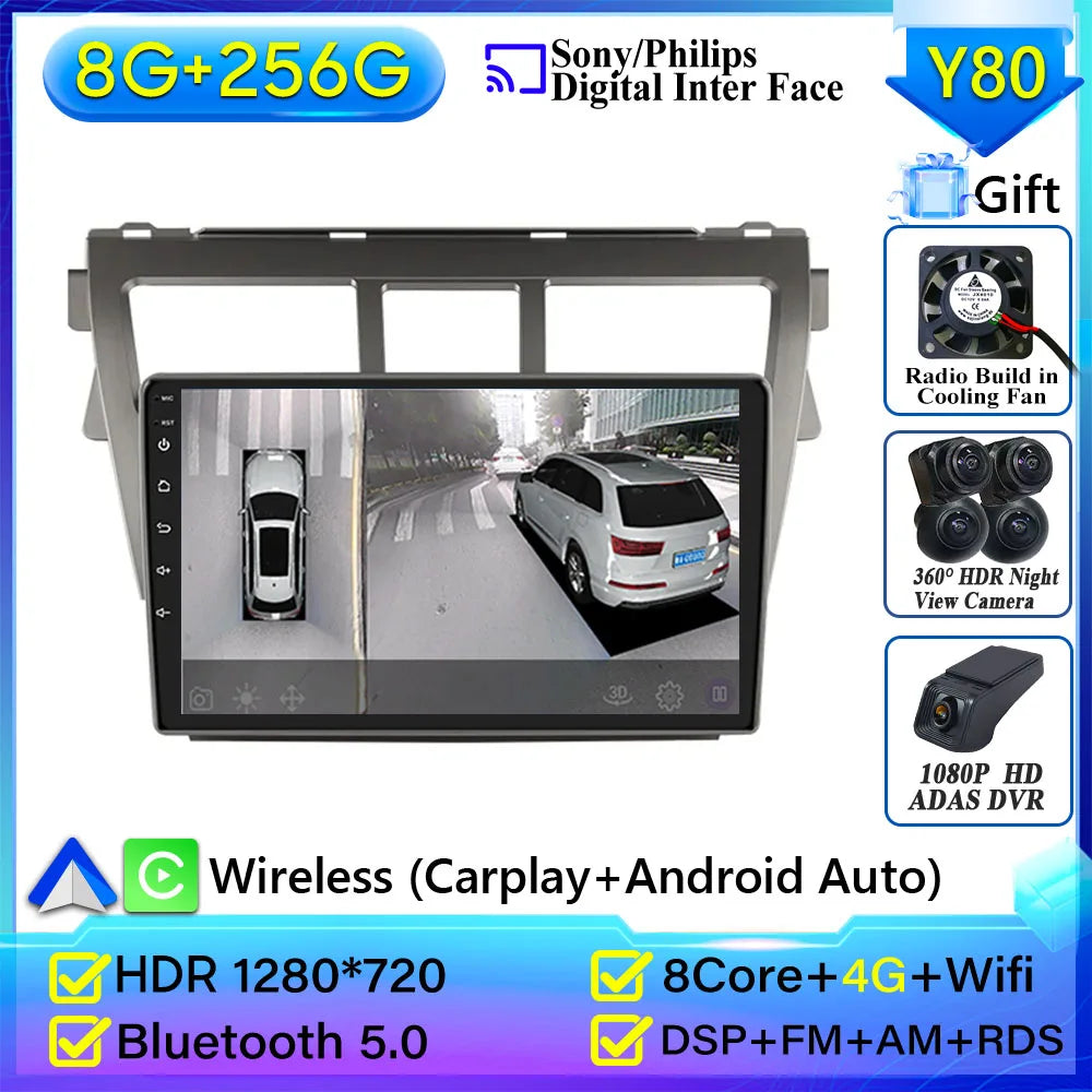 Pour Toyota VIOS Yaris 2007 2008 2009-2012 autoradio Android 15 Navigation vidéo GPS Android Auto Android 15 Carplay unité No 2din