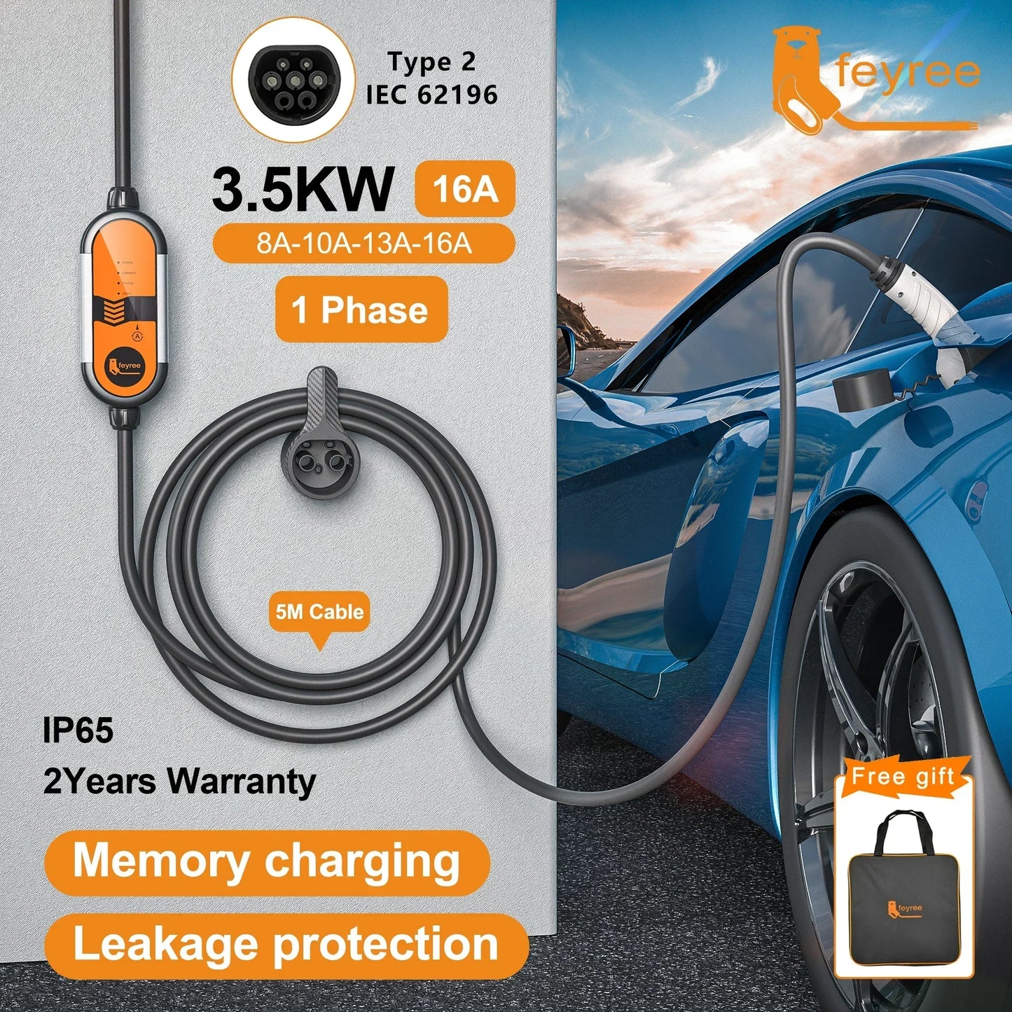 Fey123 Vope2-Chargeur de voiture électrique portable, câble de charge EVSE avec prise Schuko, courant réglable, 16A, 3,5 KW, 5m