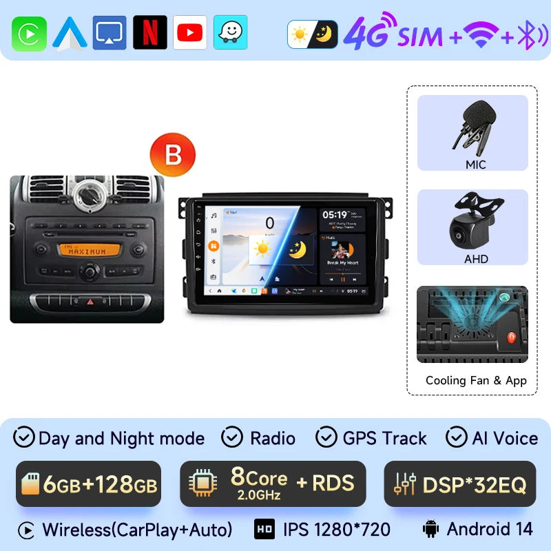 JIUYIN-Autoradio TS18 AI Voice Wireless CarPlay Android Auto Radio pour Smart Fortwo 451, 2005-2010, 4G, GPS, 2Din, Limitation de la voiture
