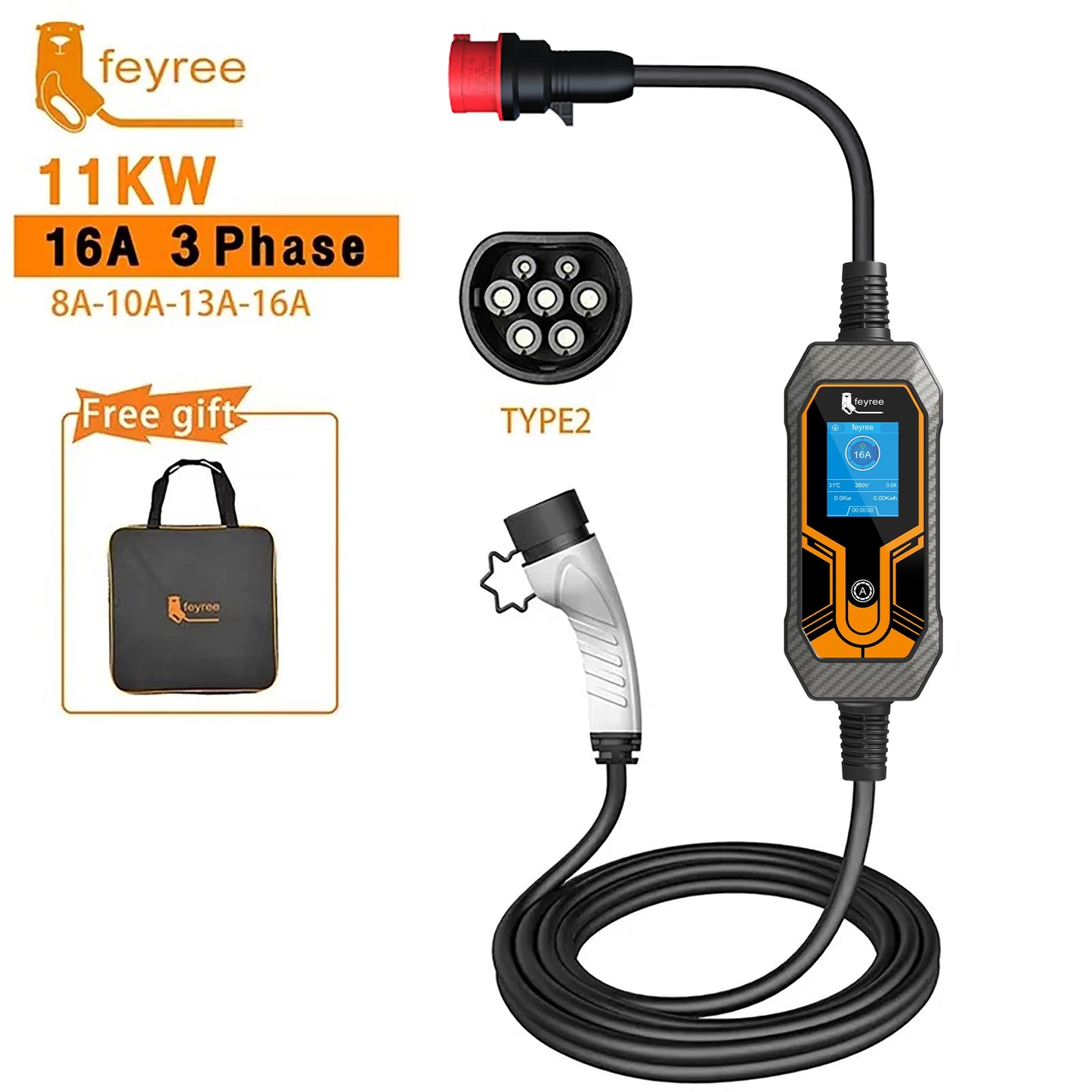 Fey123-Chargeur portable pour voiture électrique, câble VOPE2, boîtier de charge EVSE, câble de 5m, prise CEE mâle, 16A, 3 phases EV, 32A, 7KW, 11KW