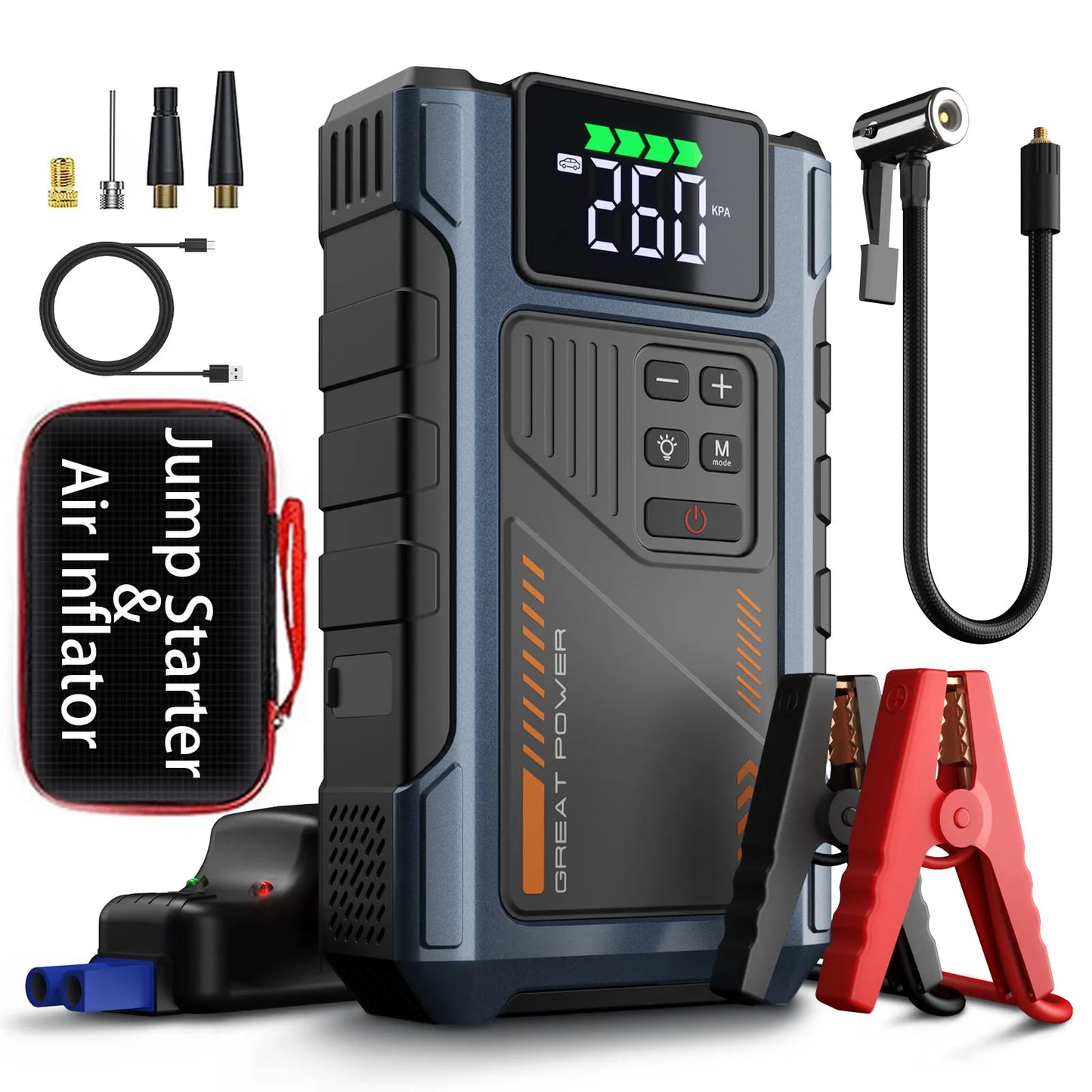 Démarreur de saut de voiture Portable avec compresseur d'air, pointe 3000A (gaz 7,5 L, 6,5 L Diesel), batterie de démarreur de saut avec pneu 150 PSl Inf