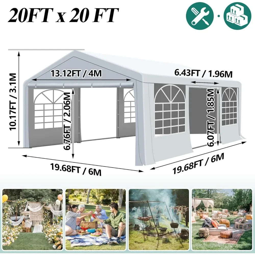 Tente et abri de fête à baldaquin de 20' x 20', tonnelle de mariage extérieure robuste avec 4 sacs de sable, auvent d'abri d'événement pour l'extérieur