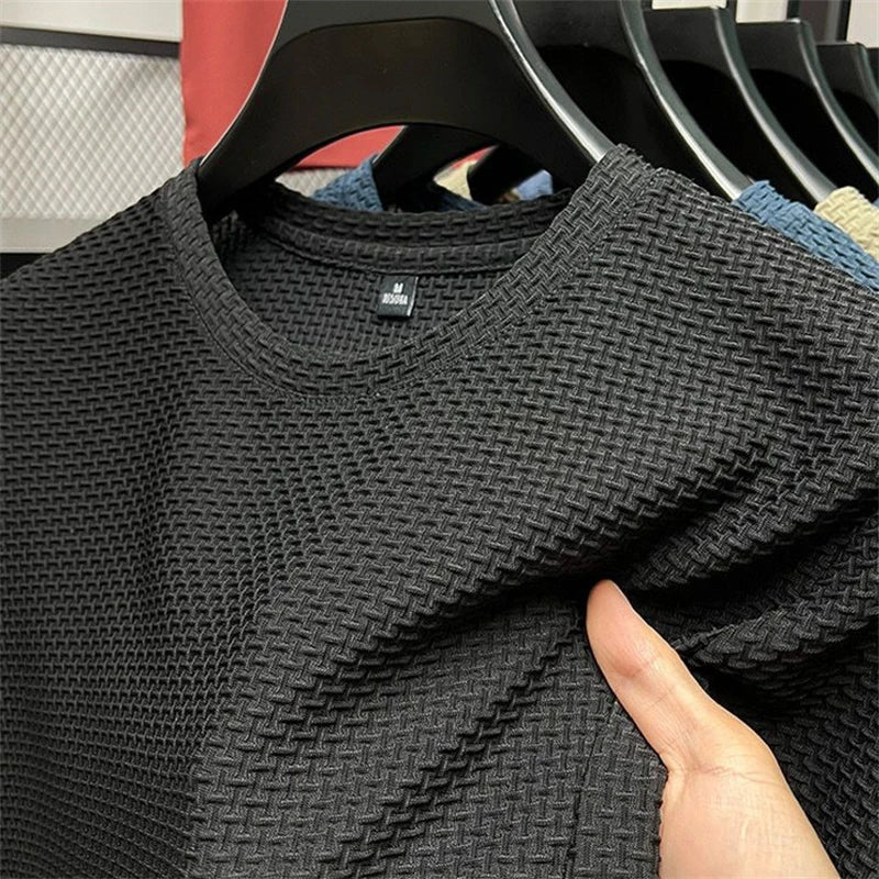 T-shirt d'été en maille et soie glacée pour hommes, manches courtes, col rond, demi-manches, fin, couleur unie, 2023
