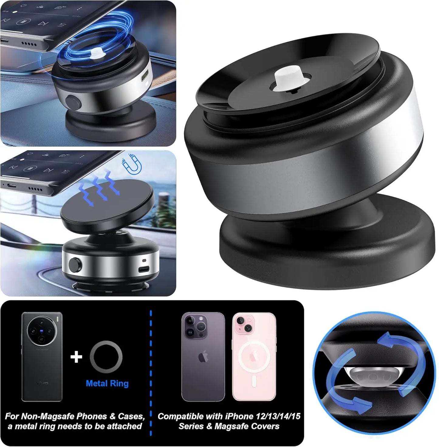 Support de voiture magnétique sous vide électrique pour téléphone portable 360 ° Rotation Forte Ventouse pour iPhone 14 15 16 Support mains libres