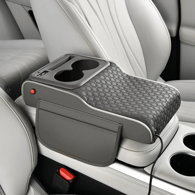 Boîte de rangement multifonctionnelle 10-en-1 pour accoudoir de voiture, avec coussin rehausseur sportif supérieur, port de charge USB et lampe d'ambiance étoilée