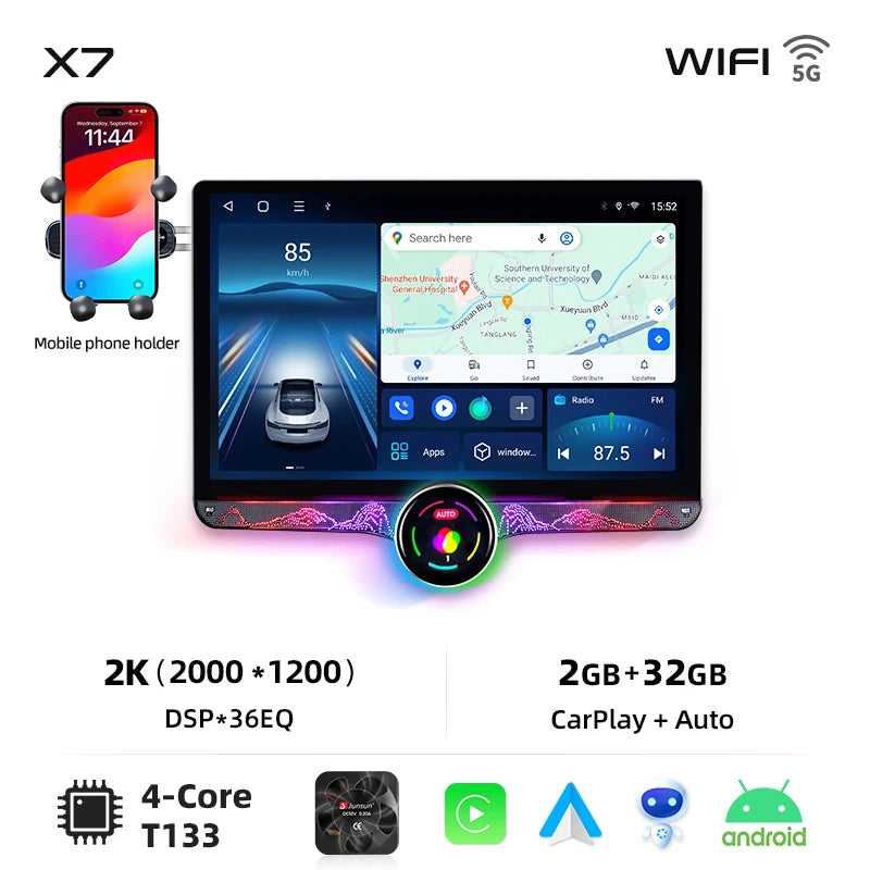 Junsun 11.5 "2K écran tactile sans fil CarPlay pour Apple autoradio universelle Android Auto multimédia systèmes intelligents FM AM