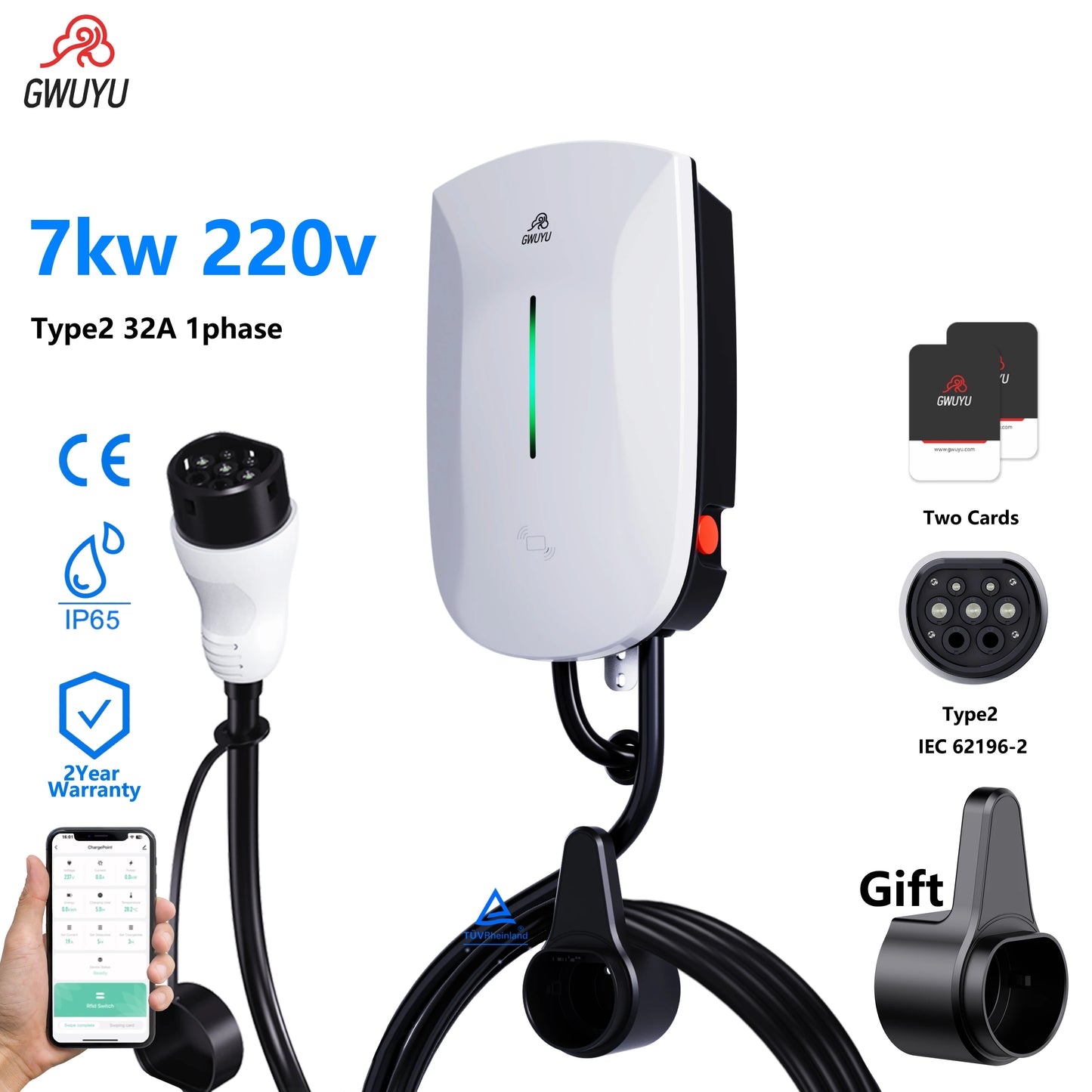GWUYU Wallbox EV chargeur Type2 32A 7KW 16A 11KW 32A 22KW Station de recharge de véhicule électrique triphasé 5m câble prise en charge du contrôle par application