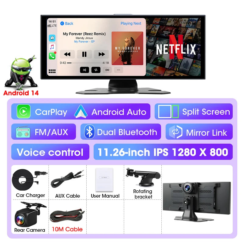 Develuck 11.26 "Android 14 voiture DVR 4G + 64G caméra enregistreur 1080P Dashcam Carplay Android Auto pour Youtube Netflix Assistant vocal