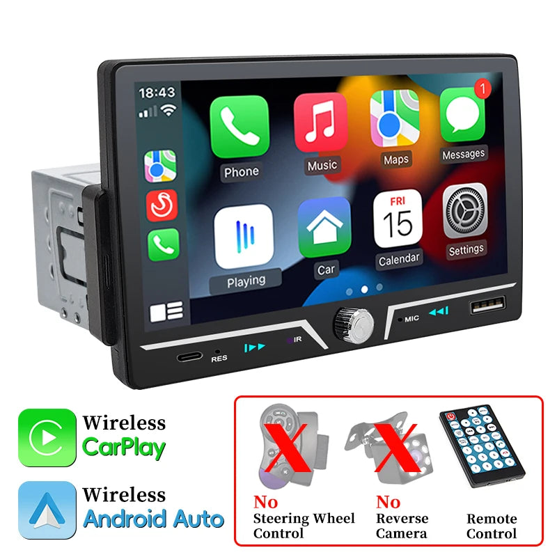 Hippcron autoradio 1 Din sans fil Android Auto Carplay MP5 stéréo 7 "écran IPS Bluetooth lien miroir type-c charge universelle