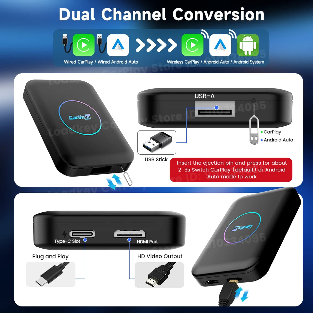 2026 CarlinKit HDMI Android Ai Box sans fil Carplay Android Auto pour Youtube Netflix IPTV 5 en 1 WIFI 5GHZ USB A Plug And Play