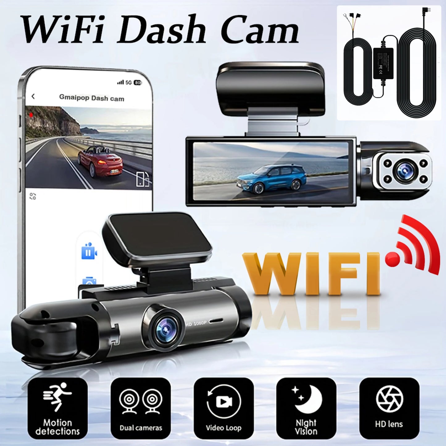 Caméra de tableau de bord pour touristes, caméra de voiture, avant et intérieur, vision nocturne IR, boucle statique, grand angle, DVR, WiFi, 1080P