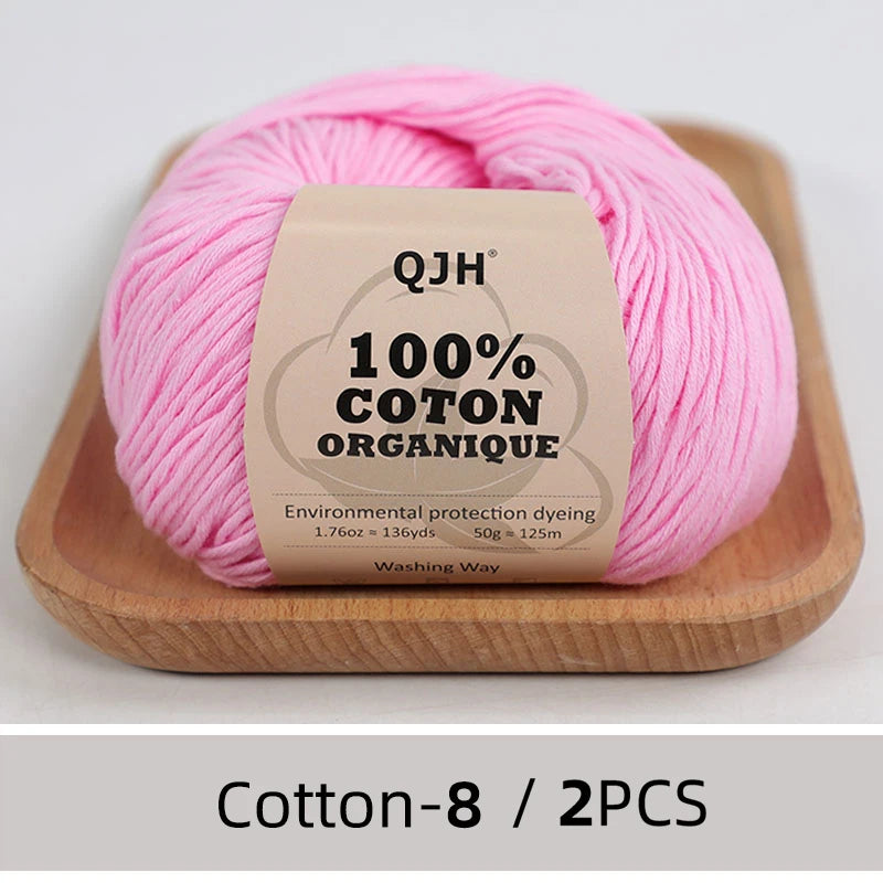 QJH Fil 100% coton biologique, fil pour tricoter, crochet et artisanat, paquet de 2 - 1,76 oz/136 mètres/1 pièce, léger, Dk