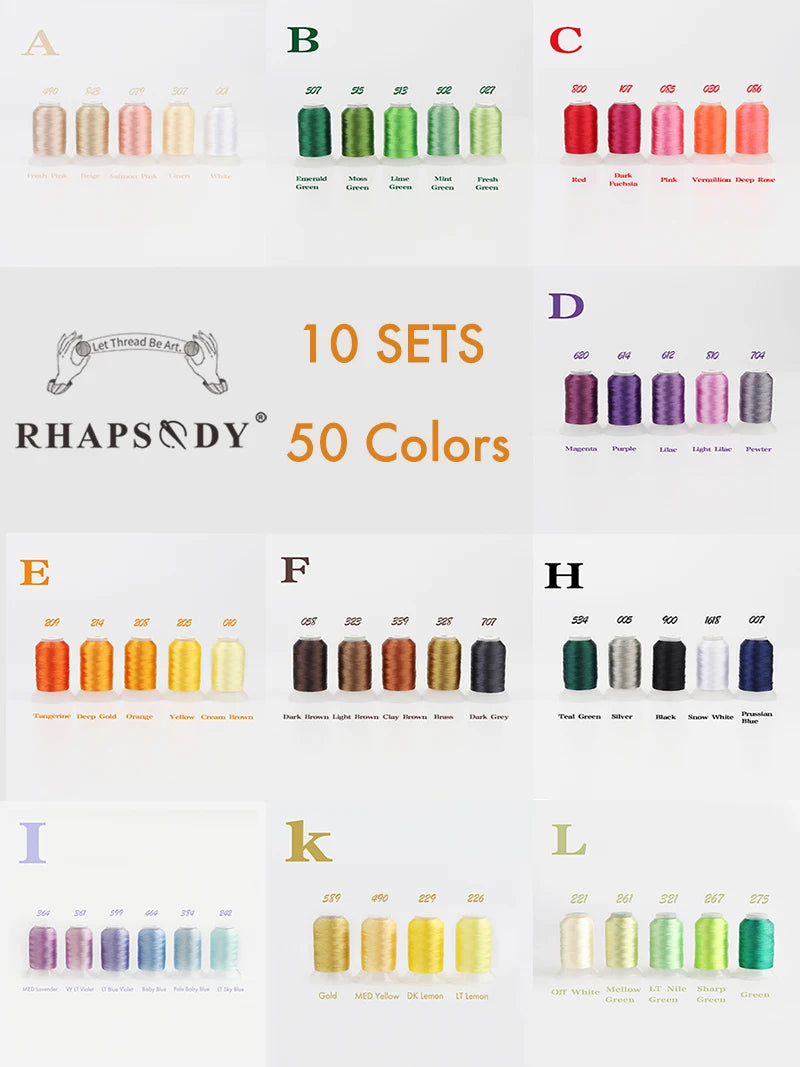 Rhapsody 40WT Polyester Machine à broder fil 550Y 60 couleurs frère Babylock Janome chanteur Pfaff Husqvarna Bernina couture
