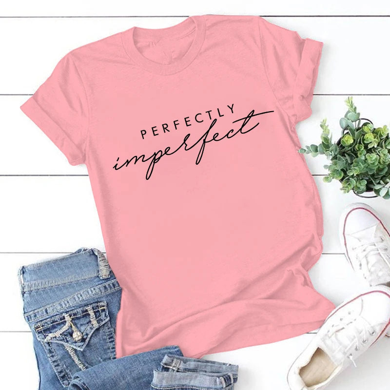 T-shirt à Manches Courtes pour Homme et Femme, Décontracté, Parfaitement Imparfait, Lettre Imprimée, Drôle, à la Mode