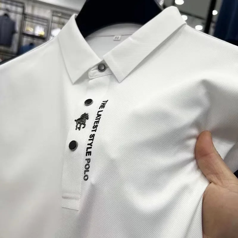 بولو رجالي قصير الأكمام، ماركة فاخرة، موضة صيفية، حروف بوني، تي شيرت عمل كاجوال من الحرير الثلجي المنقوش، عرض خاص