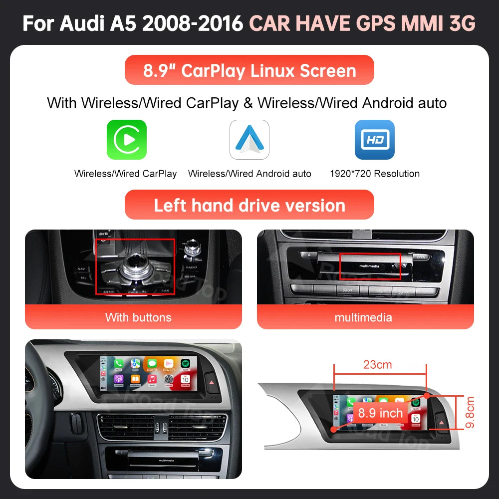 Écran Linux d'affichage multimédia de voiture de 8.9 ''12.3" pour Audi A5 S5 2008-2016 avec Carplay sans fil Android Auto Airplay Autolink