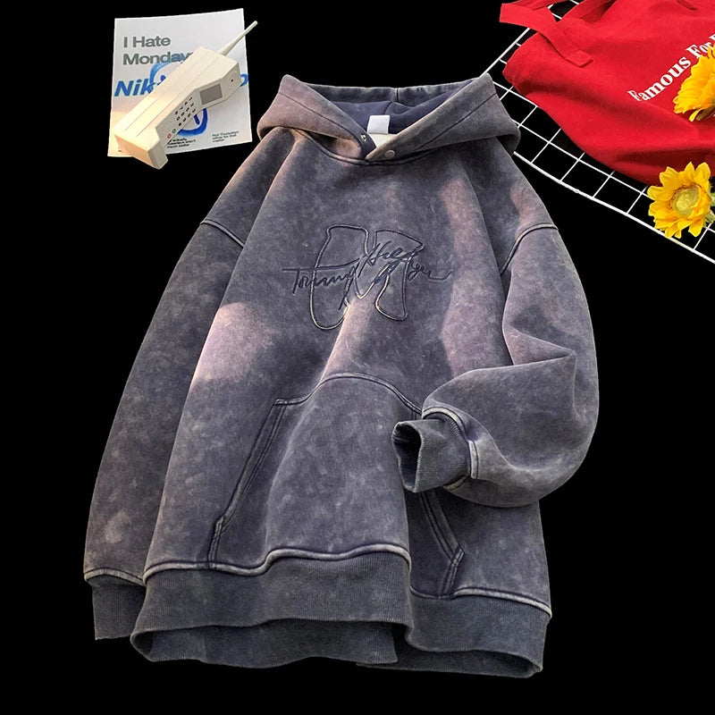 Sweat à capuche rétro lavé 2025 nouveau automne hiver Style de rue hommes à capuche lettres broderie haut à capuche ample surdimensionné sweats à capuche