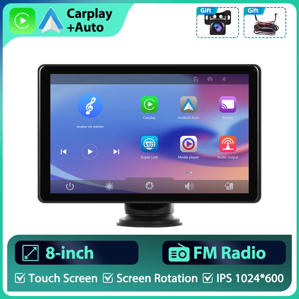 Podofo 8 ''lecteur d'écran intelligent CarPlay Android Auto IPS lecteur multimédia à écran Vertical vers FM Bluetooth Airplay Android Cast