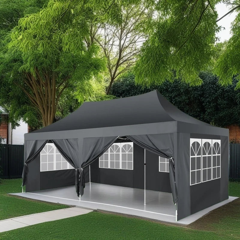 Tonnelle pliante 10x20 pieds avec 6 parois latérales, tente de réception extérieure pour fêtes, mariages, usage commercial, auvent pare-soleil avec sac de transport