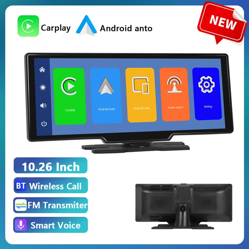 Podofo sans fil Carplay Portable tableau de bord numérique Android Auto 10.26 pouces lecteur intelligent avec commande vocale 1080P BT TF