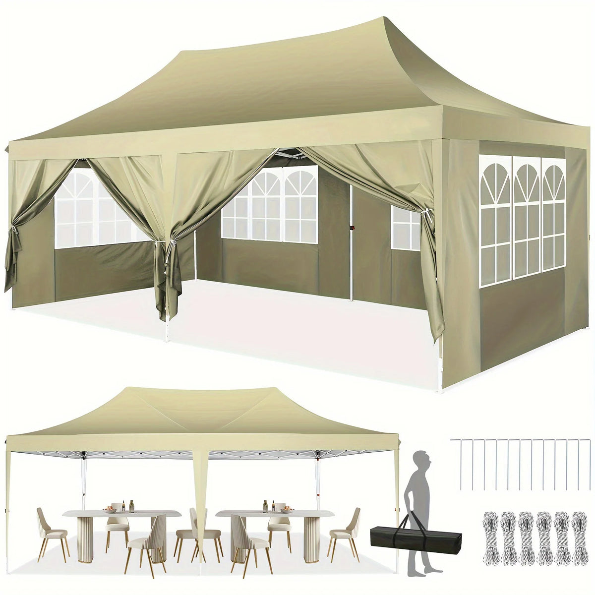 Tonnelle pliante 10x20 pieds avec 6 parois latérales, tente de réception extérieure pour fêtes, mariages, usage commercial, auvent pare-soleil avec sac de transport