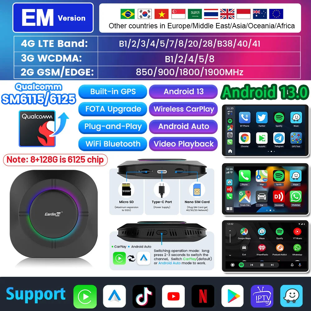 2026 Carlinkit Ai Box LED Android adaptateur Carplay sans fil Android 13 Qualcomm 6115 8 cœurs 64G Smart Tv Box pour Netflix IPTV