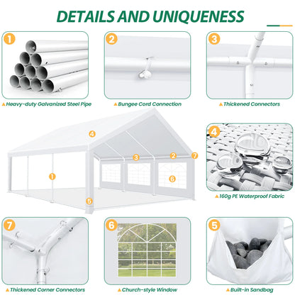 Tente de fête robuste 20x20 pieds pour fêtes, auvent étanche pour mariage et événements, Carpas para Fiestas avec parois latérales amovibles
