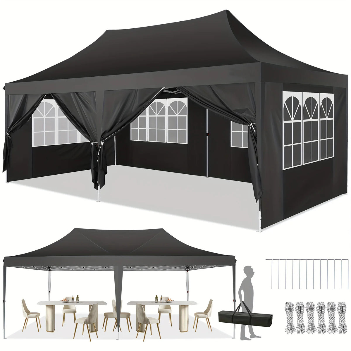 Tonnelle pliante 10x20 pieds avec 6 parois latérales, tente de réception extérieure pour fêtes, mariages, usage commercial, auvent pare-soleil avec sac de transport