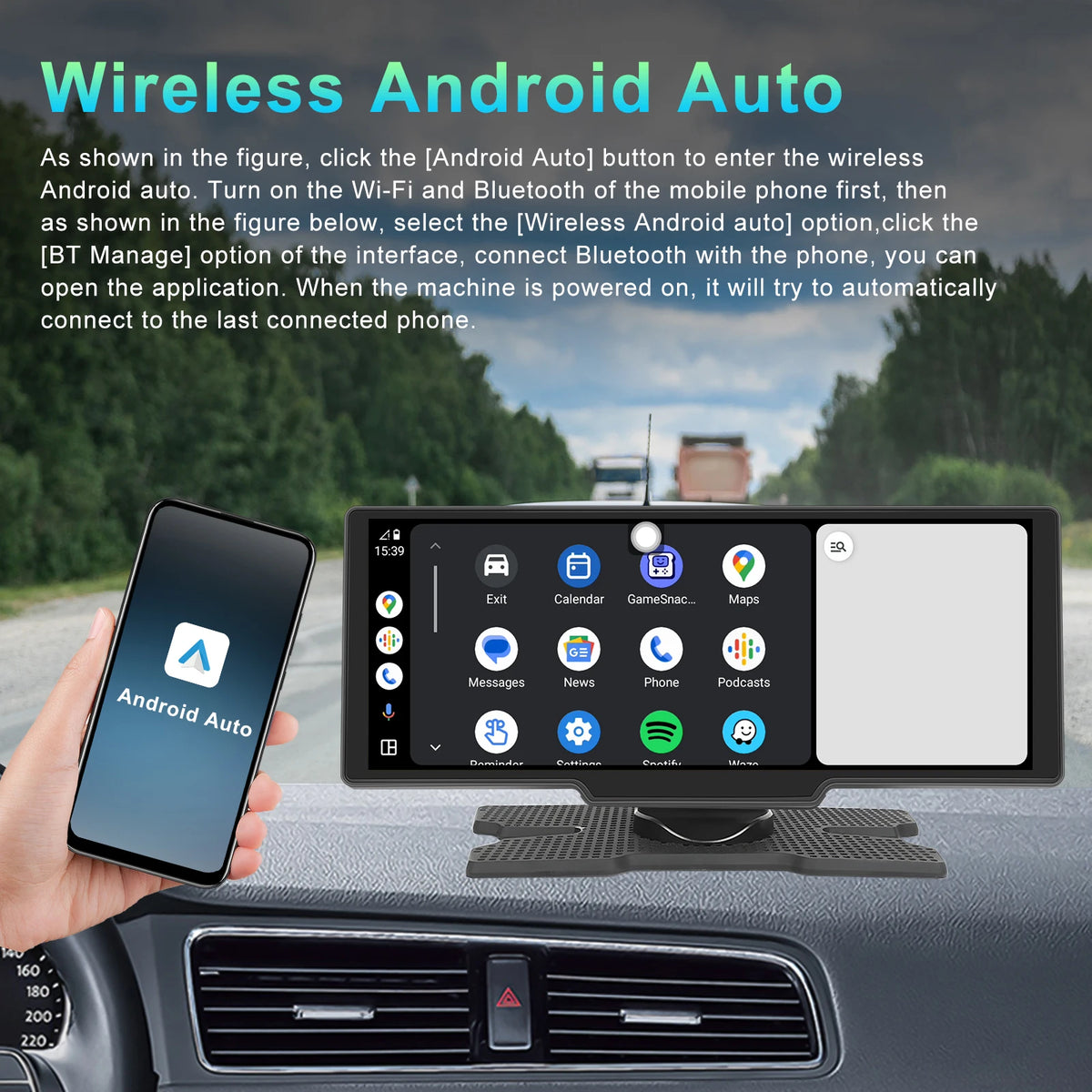Podofo sans fil Carplay Portable tableau de bord numérique Android Auto 10.26 pouces lecteur intelligent avec commande vocale 1080P BT TF