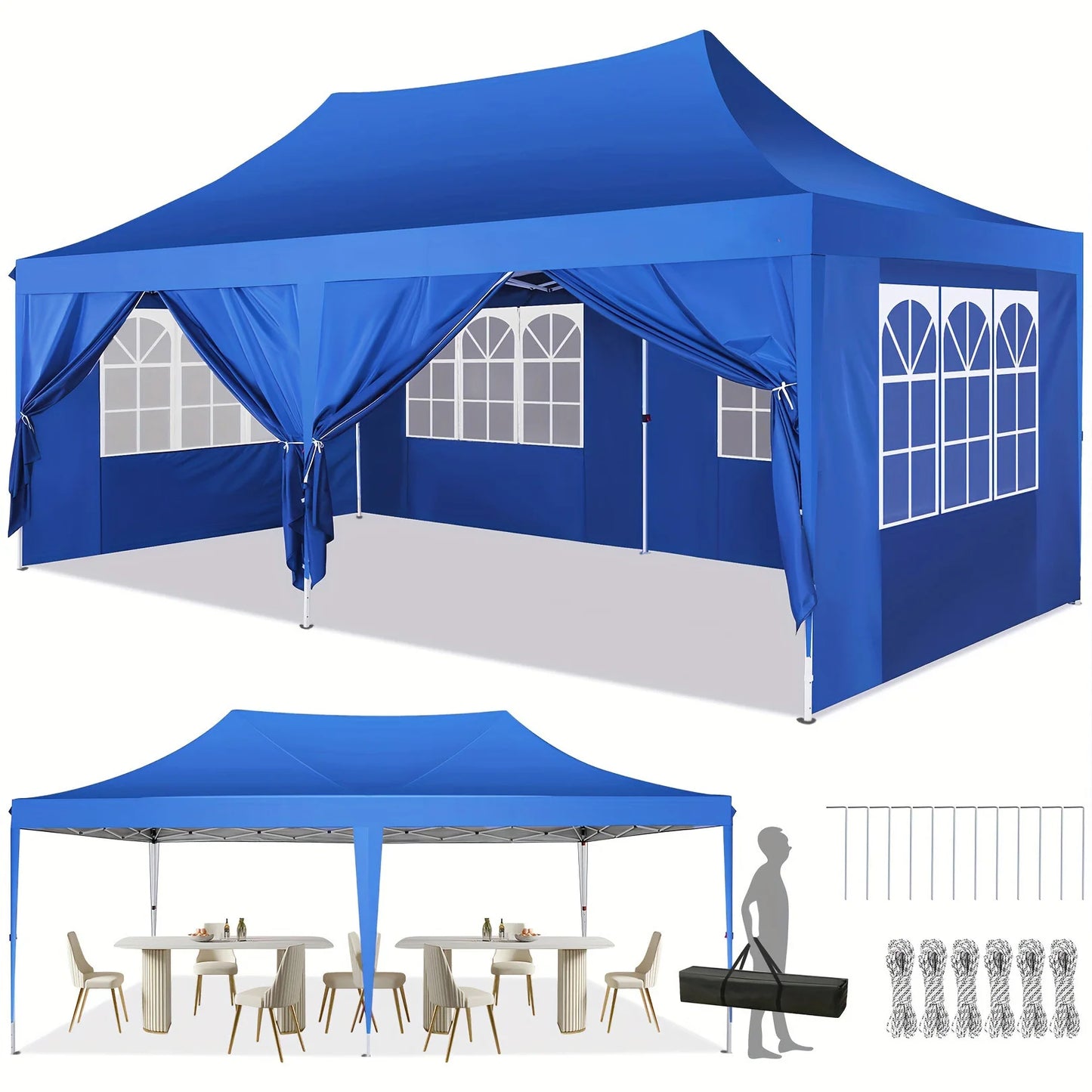 Tonnelle pliante 10x20 pieds avec 6 parois latérales, tente de réception extérieure pour fêtes, mariages, usage commercial, auvent pare-soleil avec sac de transport