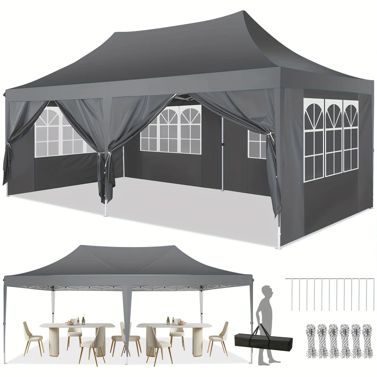 Tonnelle pliante 10x20 pieds avec 6 parois latérales, tente de réception extérieure pour fêtes, mariages, usage commercial, auvent pare-soleil avec sac de transport