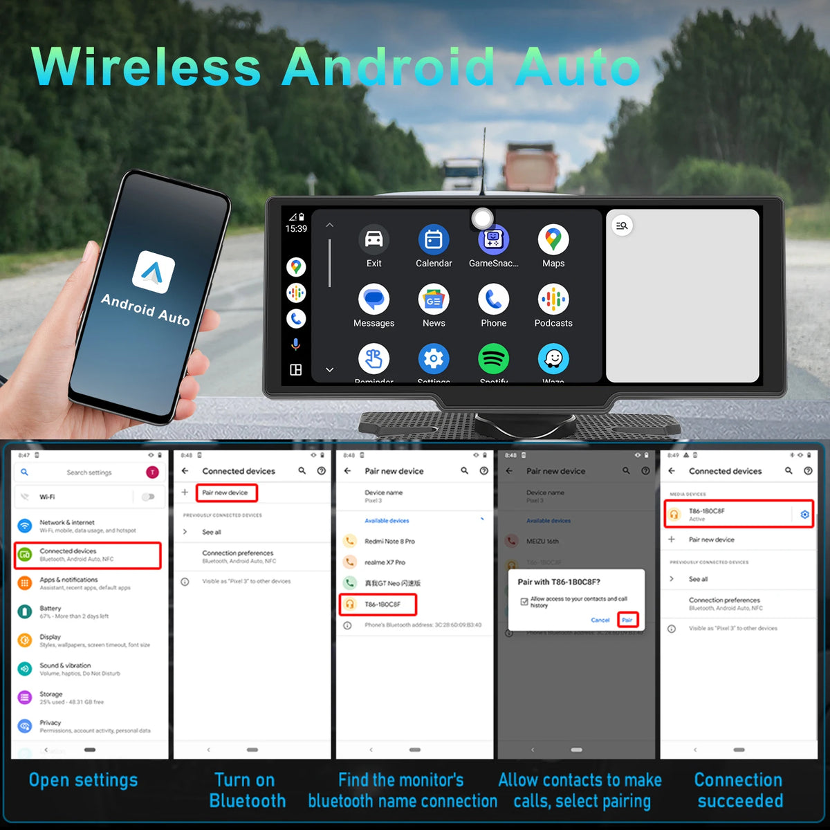 Podofo sans fil Carplay Portable tableau de bord numérique Android Auto 10.26 pouces lecteur intelligent avec commande vocale 1080P BT TF
