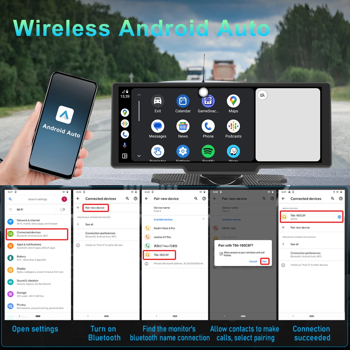 Podofo sans fil Carplay Portable tableau de bord numérique Android Auto 10.26 pouces lecteur intelligent avec commande vocale 1080P BT TF