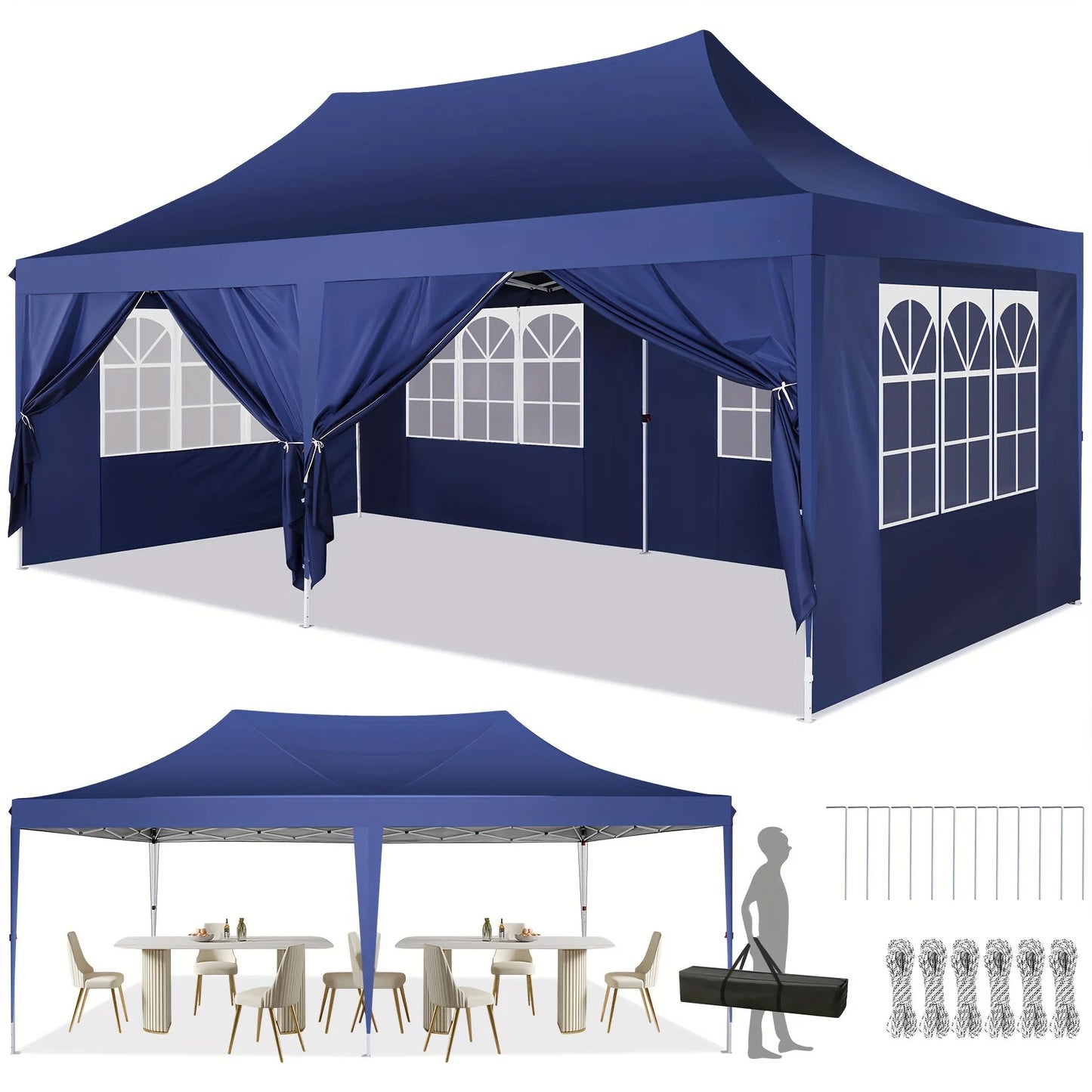 Tonnelle pliante 10x20 pieds avec 6 parois latérales, tente de réception extérieure pour fêtes, mariages, usage commercial, auvent pare-soleil avec sac de transport