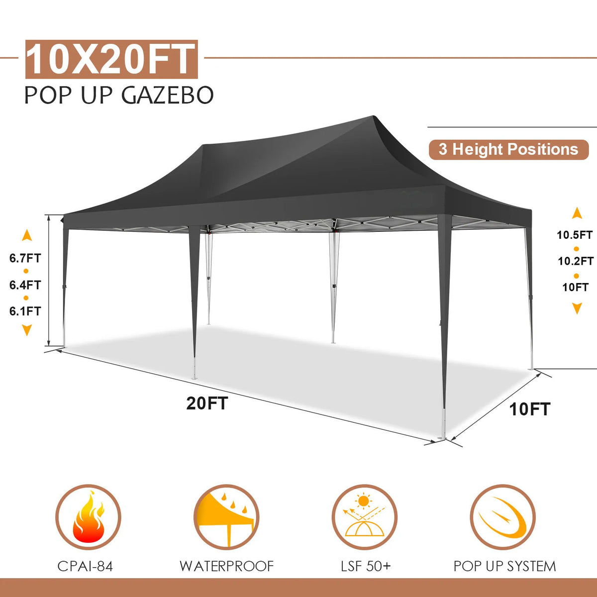 Tonnelle pliante 10x20 pieds avec 6 parois latérales, tente de réception extérieure pour fêtes, mariages, usage commercial, auvent pare-soleil avec sac de transport