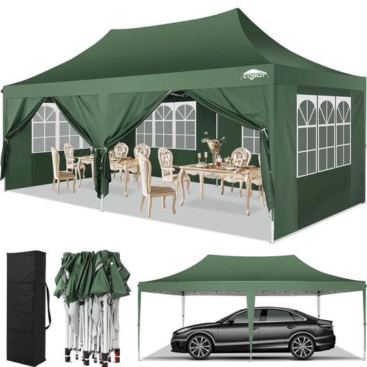 Tonnelle pliante 10x20 pieds avec 6 parois latérales, tente de réception extérieure pour fêtes, mariages, usage commercial, auvent pare-soleil avec sac de transport