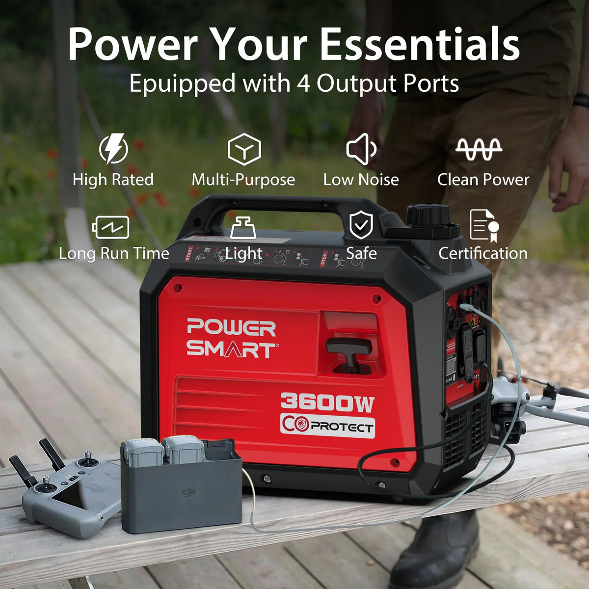 Générateur PowerSmart, équipement et équipement de camping, générateur d'onduleur portable super silencieux de 3600 watts, alimenté au gaz, prêt pour camping-car, paralys